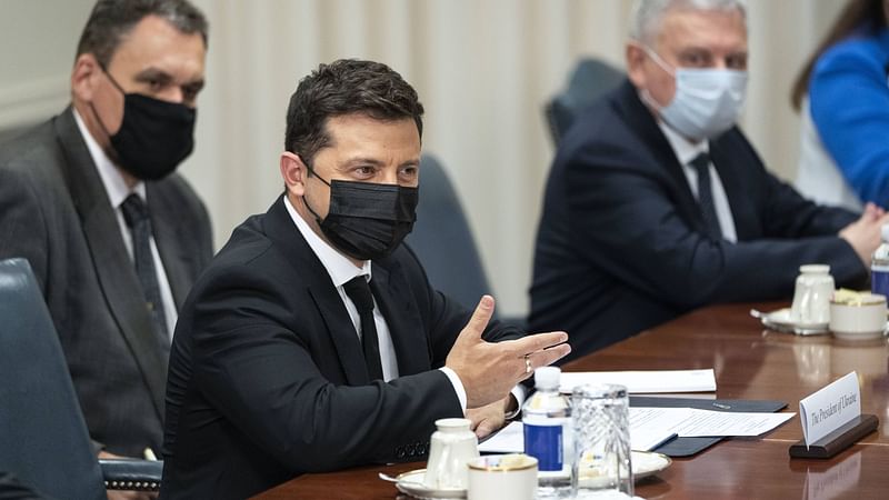 Ukrainian President Volodymyr Zelensky speaks during a meeting with U.S. Secretary of Defense Lloyd Austin at the Pentagon on 31 August, 2021 in Arlington, Virginia