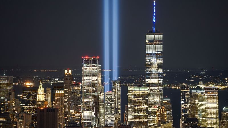 The Tribute in Light art installation is seen from Empire State Building, commemorating the 20th anniversary of the 11 September 2001 attacks, in New York City, New York, US, on 11 September 2021