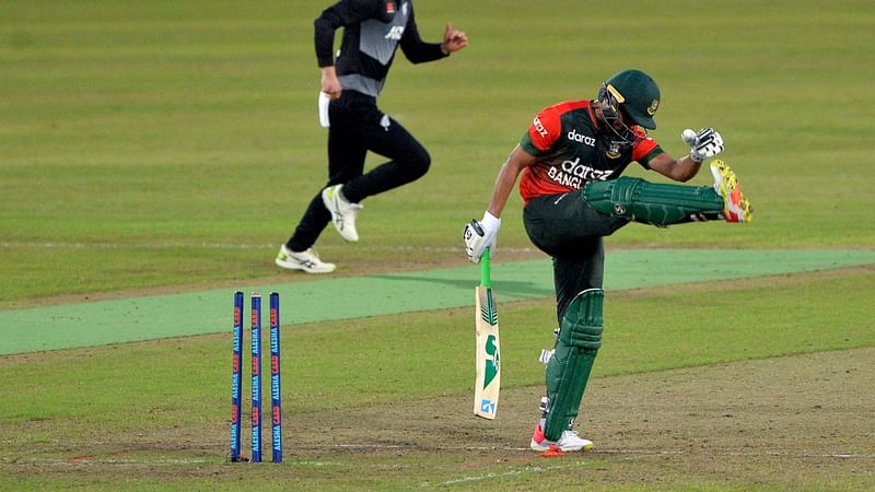 Bangladesh's Shakib Al Hasan reacts after his dismissal during the fourth Twenty20 international cricket match between Bangladesh and New Zealand at the Sher-e-Bangla National Cricket Stadium in Dhaka on 8 September, 2021