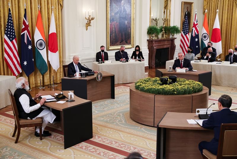 US president Joe Biden hosts a 'Quad nations' meeting at the Leaders' Summit of the Quadrilateral Framework with India's prime minister Narendra Modi, Australia's prime minister Scott Morrison and Japan's prime minister Yoshihide Suga in the East Room at the White House in Washington, US, 24 September 2021.