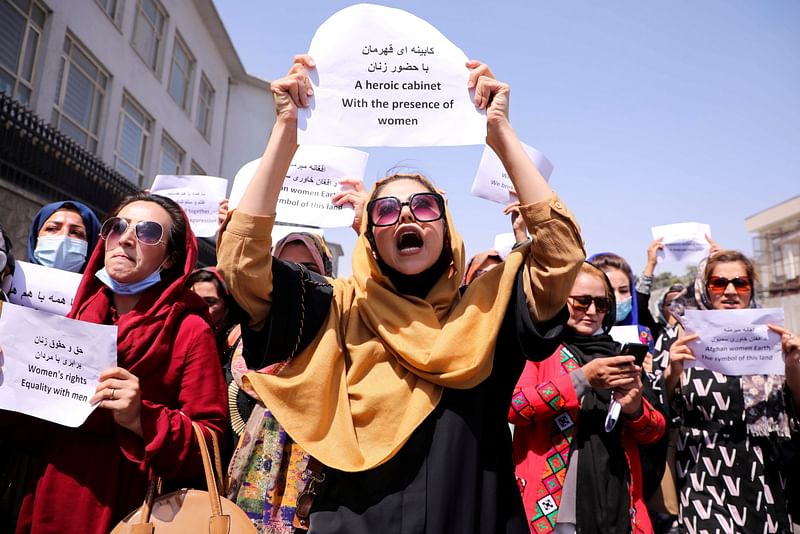 Afghan women's rights defenders and civil activists protest to call on the Taliban for the preservation of their achievements and education, in front of the presidential palace in Kabul, Afghanistan on 3 September 2021.