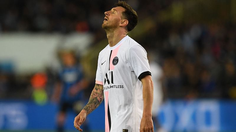 Paris Saint-Germain's Argentinian forward Lionel Messi reacts during the UEFA Champions League Group A football match Club Brugge against Paris Saint-Germain (PSG) at Jan Breydel Stadium in Bruges, on 15 September, 2021