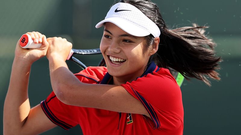 Emma Raducanu of Great Britain in action during a practice session on Day 2 of the BNP Paribas Open at the Indian Wells Tennis Garden on 5 March, 2021 in Indian Wells, California