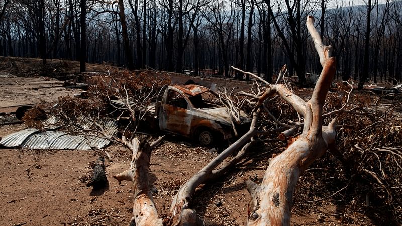 A fallen tree rests on a burned car after a wildfire destroyed the Kangaroo Valley Bush Retreat in Kangaroo Valley, New South Wales, Australia, 23 January, 2020.