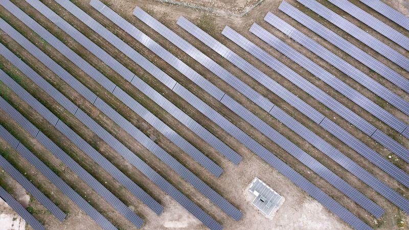 An aerial view shows solar panels made by First Solar, during a tour of the Overland Park Solar Array in Toledo, Ohio, US, on 5 October 2021