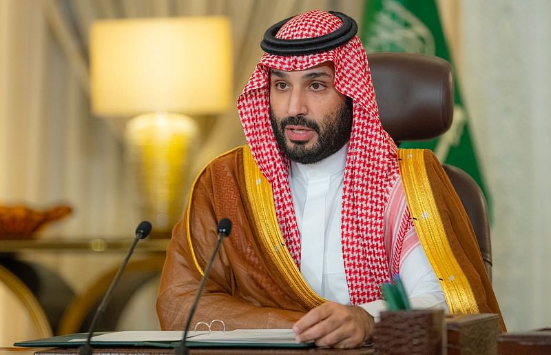 Saudi crown prince Mohammed bin Salman gives a speech from his office as he addresses the Saudi Green Initiative forum opening ceremony, in Riyadh, Saudi Arabia on 23 October 2021.