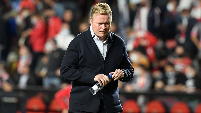 Barcelona's Dutch coach Ronald Koeman reacts during the Spanish League football match between Rayo Vallecano de Madrid and FC Barcelona at the Vallecas stadium in Madrid on 27 October, 2021