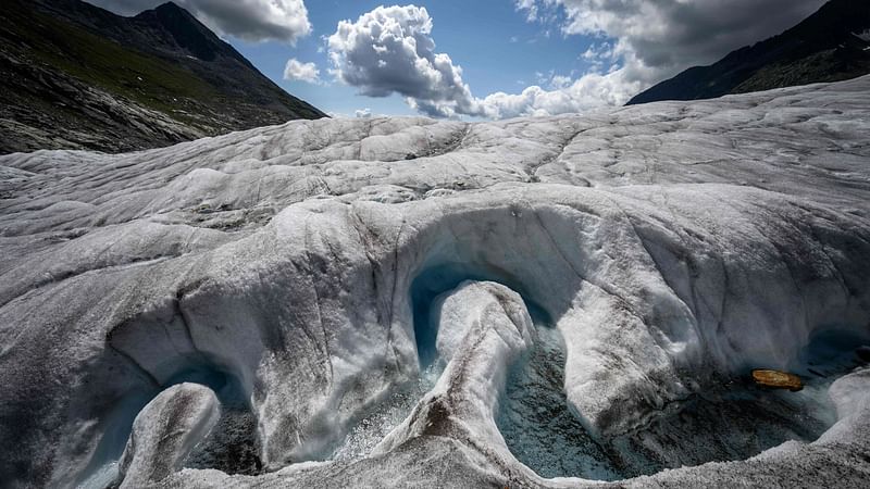 This file photograph taken on August 25, 2021, shows a view of the Aletsch Glacier. Swiss glaciers lost 1 per cent of their volume in 2021 despite abundant snow and a cool summer, due to climate change, the Swiss Academy of Natural Sciences revealed on 19 October 2021.