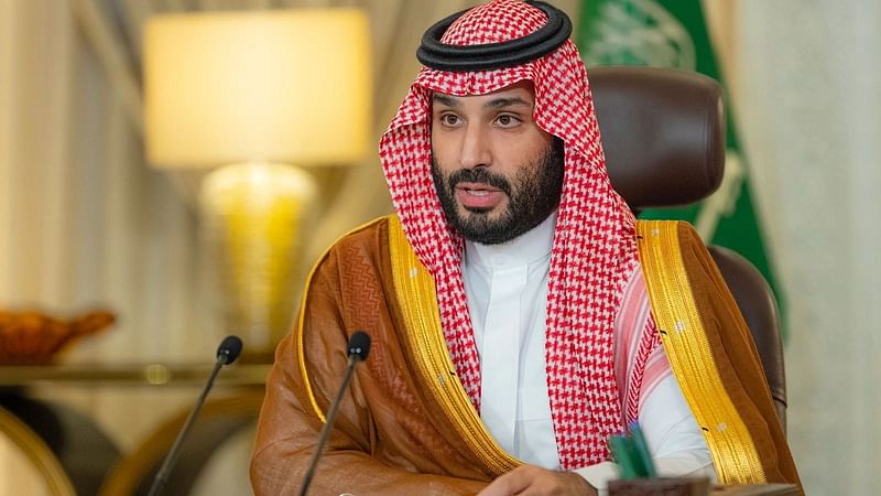 Saudi crown prince Mohammed bin Salman gives a speech from his office as he addresses the Saudi Green Initiative forum opening ceremony, in Riyadh, Saudi Arabia on 23 October 2021.