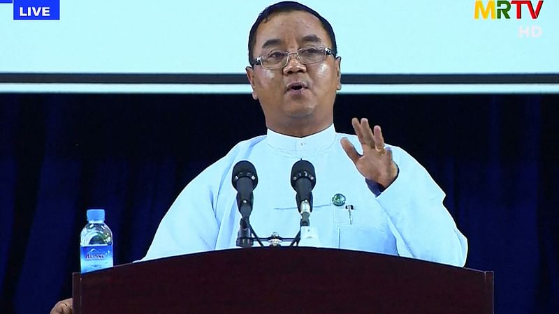 In this file screengrab taken on 9 April, 2021 via AFPTV and taken from a broadcast by Myanmar Radio and Television (MRTV) in Myanmar shows junta spokesman Brigadier General Zaw Min Tun speaking during a live press conference