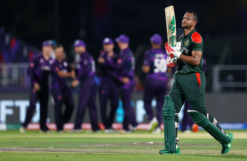 Shakib Al Hasan walks back to the pavilion after getting out during the ICC Men's T20 World Cup match between Bangladesh vs Scotland at Al Amerat Cricket ground in Muscat on 17 October, 2021