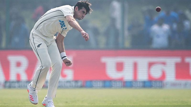 New Zealand's Tim Southee delivers a ball during the second day of the first Test cricket match between India and New Zealand at the Green Park Stadium in Kanpur on  26 November, 2021