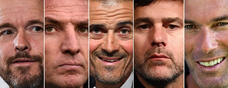 A combination of file pictures created in London on 21 November, 2021 shows (L-R) Ajax Amsterdam's Dutch head coach Erik Ten Hag, Leicester City's Northern Irish manager Brendan Rodgers, Spain's coach Luis Enrique, Paris Saint-Germain's Argentinian head coach Mauricio Pochettino and former Real Madrid coach Zinedine Zidane.