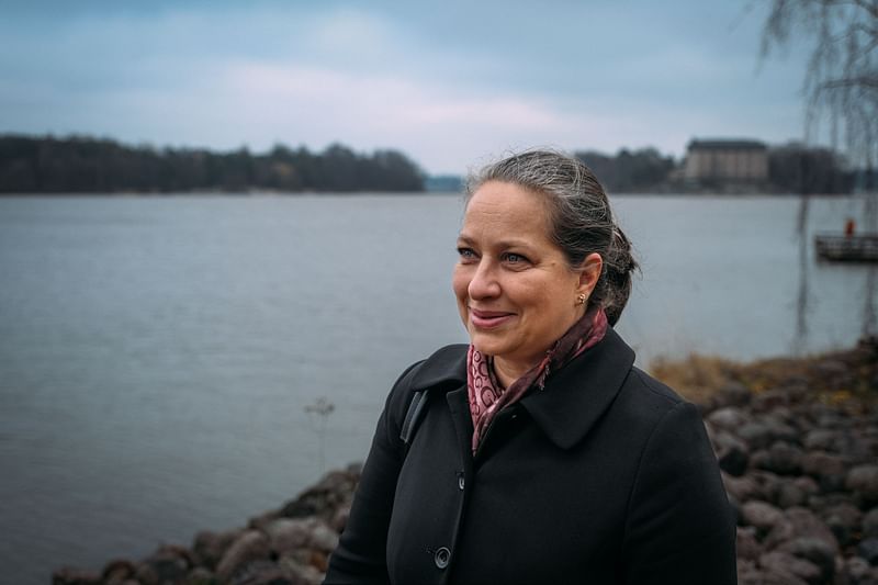 Teacher Ilona Taimela poses for a photographer in Helsinki on 29 October, 2021