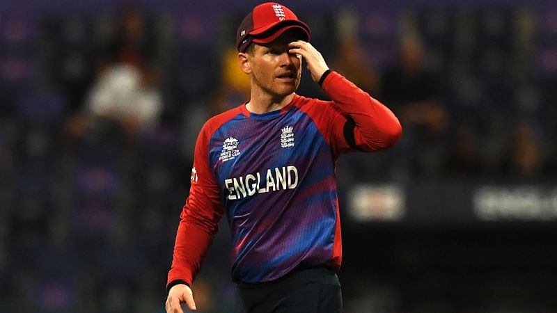 England's captain Eoin Morgan reacts during the ICC men’s Twenty20 World Cup semi-final match between England and New Zealand at the Sheikh Zayed Cricket Stadium in Abu Dhabi on 10 November, 2021