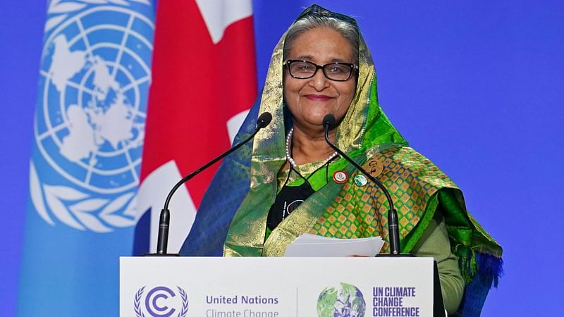 Bangladesh's prime minister Sheikh Hasina, presents her national statement as part of the World Leaders' Summit of the COP26 UN Climate Change Conference in Glasgow, Scotland on 1 November 2021.