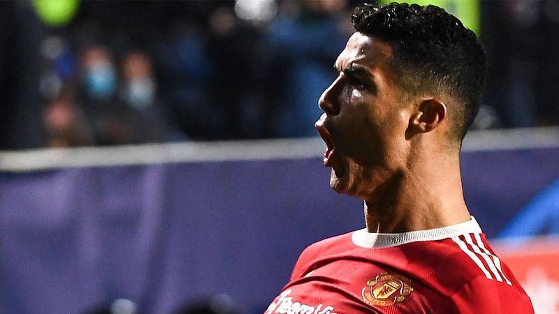 Manchester United's Portuguese forward Cristiano Ronaldo celebrates after scoring a goal during the UEFA Champions League group F football match between Atalanta and Manchester United at the Azzurri d'Italia stadium, in Bergamo, on 2 November, 2021.