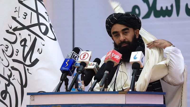 Chief spokesman for the Taliban Zabihullah Mujahid speaks during a gathering in which Afghan Hazara elders pledged their support to the country's new Taliban rulers, in Kabul on 25 November, 2021