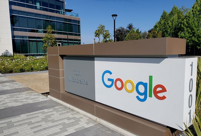 A sign is pictured outside a Google office near the company's headquarters in Mountain View, California, USA, on 8 May 2019