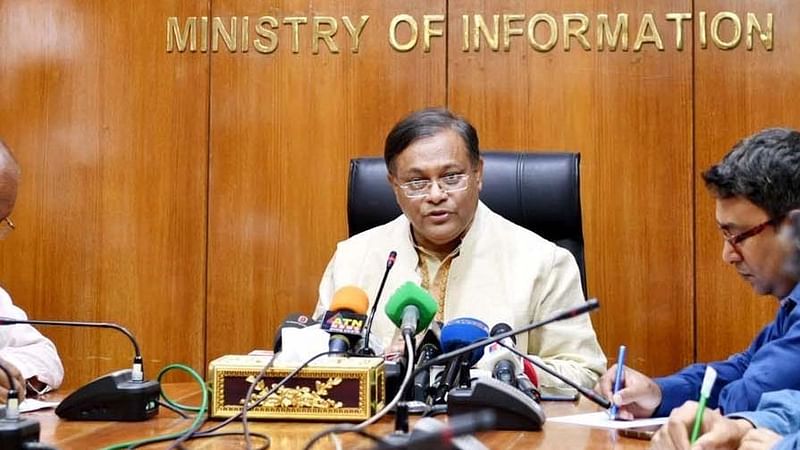 Information minister Hasan Mahmud talks to media