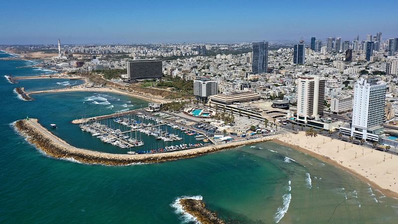 In this file photo taken on 18 May, 2021 a general overhead view shows Israel's Mediterranean city of Tel Aviv