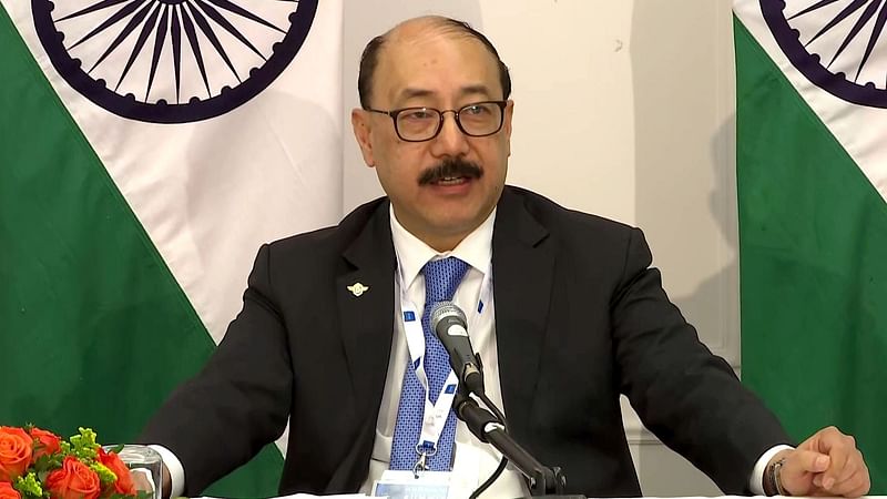 Indian foreign secretary Harsh Vardhan Shringla during a press conference, in Rome on 30 October 2021