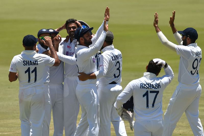 India players celebrate after winning the first Test cricket match between South Africa and India at SuperSport Park in Centurion on 30 December 2021