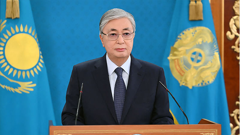 This handout image taken and released by the Kazakh presidential press service on 7 January, 2022 shows Kazakh president Kassym-Jomart Tokayev making a public address in Alamaty.