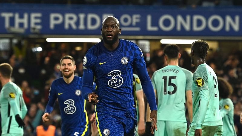 Chelsea's Belgian striker Romelu Lukaku celebrates after scoring his team's first goal during the English Premier League football match between Chelsea and Brighton and Hove Albion at Stamford Bridge in London on 29 December, 2021