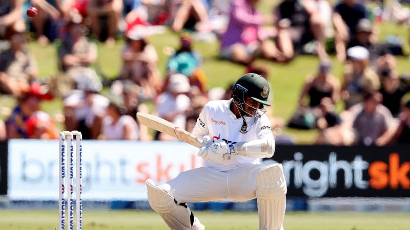 Mahmudul Hasan Joy of Bangladesh ducks under a bouncer during the second day of the first cricket Test match between New Zealand and Bangladesh at the Bay Oval in Mount Maunganui on 2 January 2022