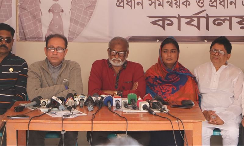 Mayoral candidate in Narayanganj City Corporation election, Taimur Alam Khandaker addresses a media conference at the house of ATM Kamal, his chief electoral agent, in Missionpara of Narayanganj, on 11 January 2022