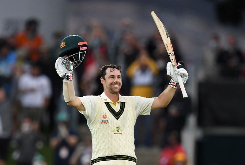 Australia’s Travis Head celebrates scoring a century in the Fifth Ashes Test against England at Bellerive Oval, Hobart, Australia on 14 January 2022