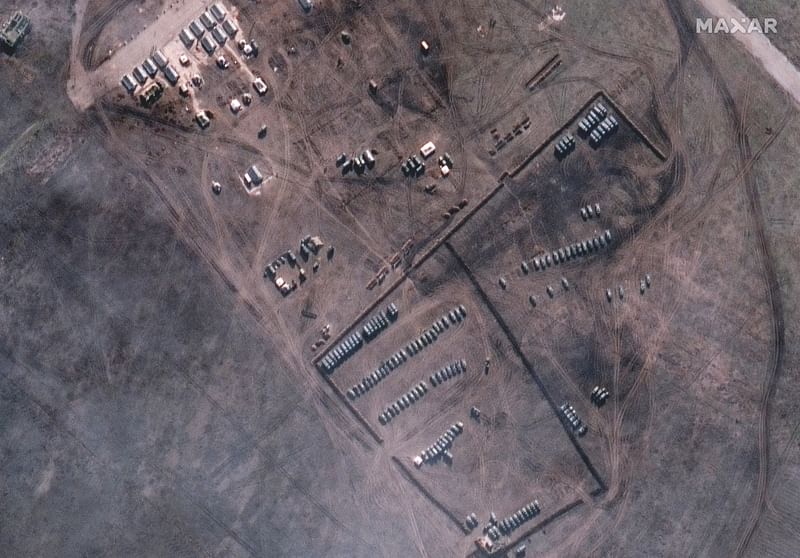 A satellite image shows a new military deployment and armoured vehicles in Slavne, Crimea 9 February 2022