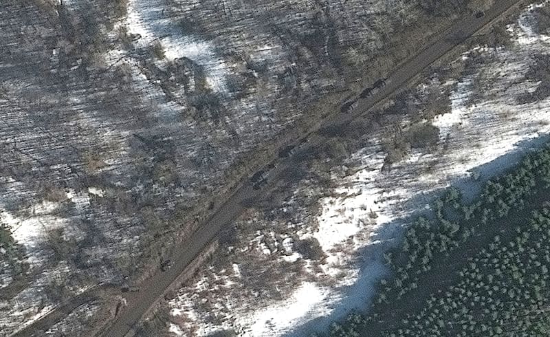 A satellite image shows towed artillery in convoy in Golovchino, Russia on 23 February, 2022