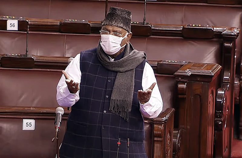 Leader of the Opposition in Rajya Sabha Mallikarjun Kharge speaks in the Upper House during the Budget Session of Parliament, in New Delhi on 4 February 2022