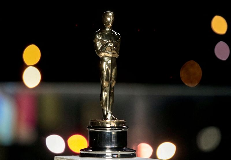 An Oscars statuette on display at a screening of the Oscars in Paris, France on 26 April 2021