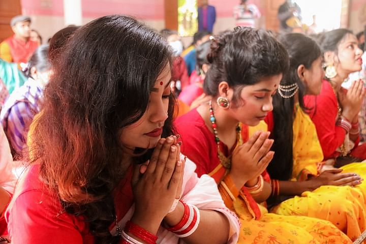 Devotees pray at the temple to mark the Saraswati Puja. The picture was taken from Ramkrisna Mission in Barishal on 5 February.