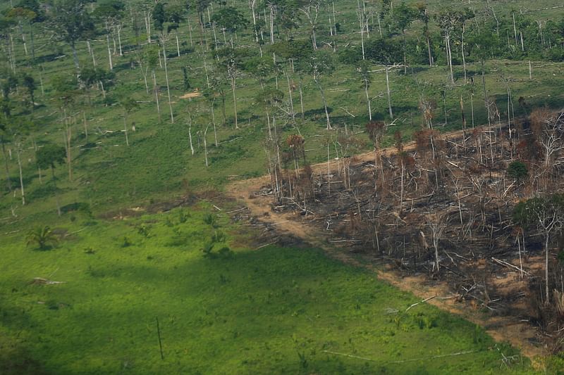 An aerial view shows a deforested plot of the Amazon rainforest in Rondonia State, Brazil 28 September 2021