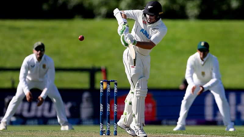 New Zealand's captain Tom Latham plays a shot during day one of the first cricket Test match between New Zealand and South Africa at Hagley Oval in Christchurch on 
17 February, 2022