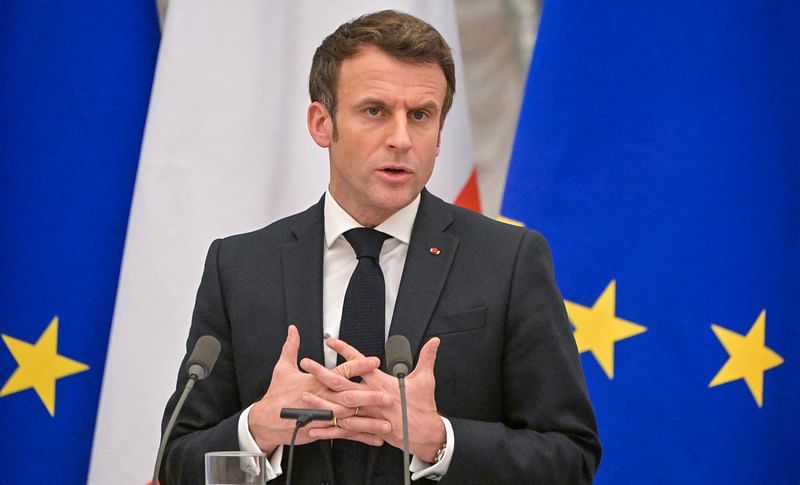 French president Emmanuel Macron attends a joint press conference with Russian President Vladimir Putin (off frame) in Moscow, early on 8 February 2022.