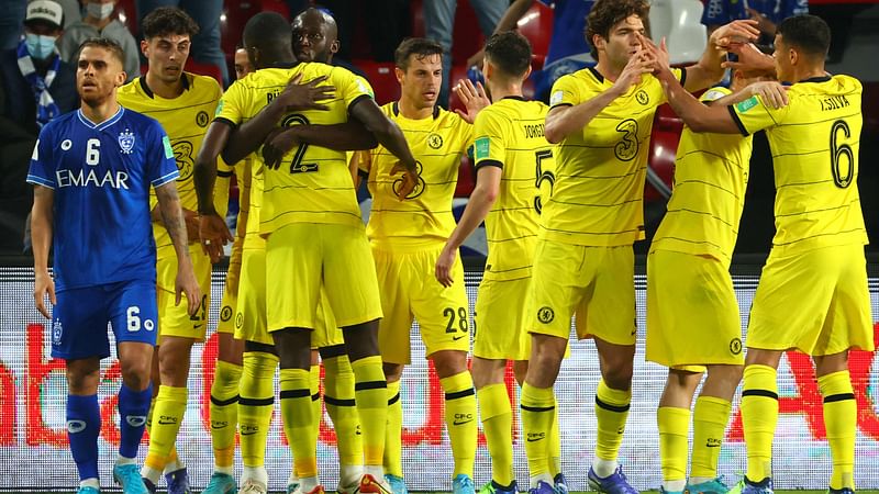 Chelsea players celebrate their opening goal during the 2021 FIFA Club World Cup semi-final football match between Saudi's Al-Hilal and England's Chelsea at Mohammed Bin Zayed stadium in Abu Dhabi, on 9 February, 2022