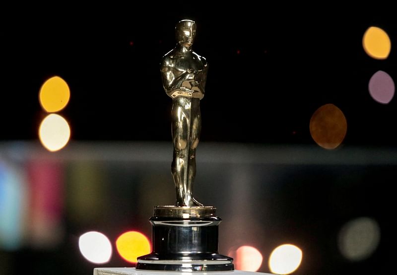 An Oscars statuette on display at a screening of the Oscars in Paris, France 26 April 2021.