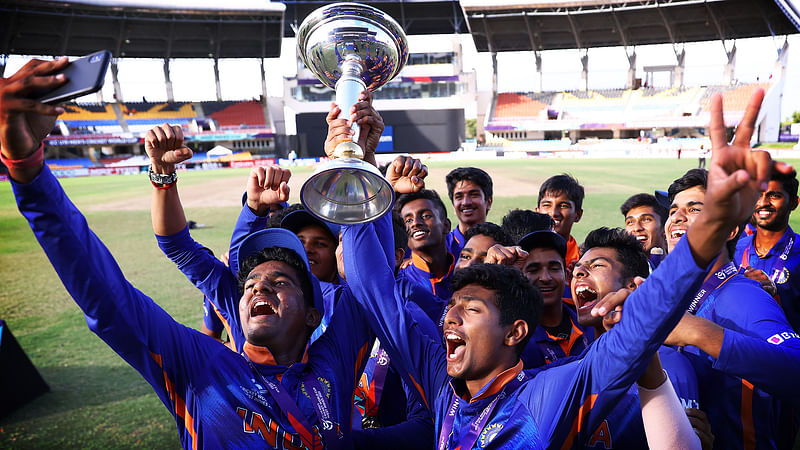 Indian U19 players celebrate after winning the World Cup beating England U19 team Sir Vivian Richards Cricket Stadium in Antigua on 5 February, 2022