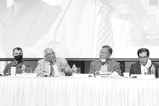 (L-R) Saber Hossain Chowdhury MP, CPD distinguished fellow Debapriya Bhattacharya, Abdus Shahid MP and Kazi Nabil Ahmed MP at dialogue organised by CPD and Asia Foundation on Thursday at the Sheraton Hotel in the capital city.