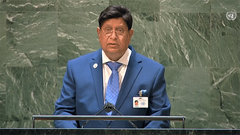 Foreign minister AK Abdul Momen addresses at a high-level thematic debate on ‘Galvanizing Momentum for Universal Vaccination’ at United Nation General Assembly Hall in New York on 26 February 2022