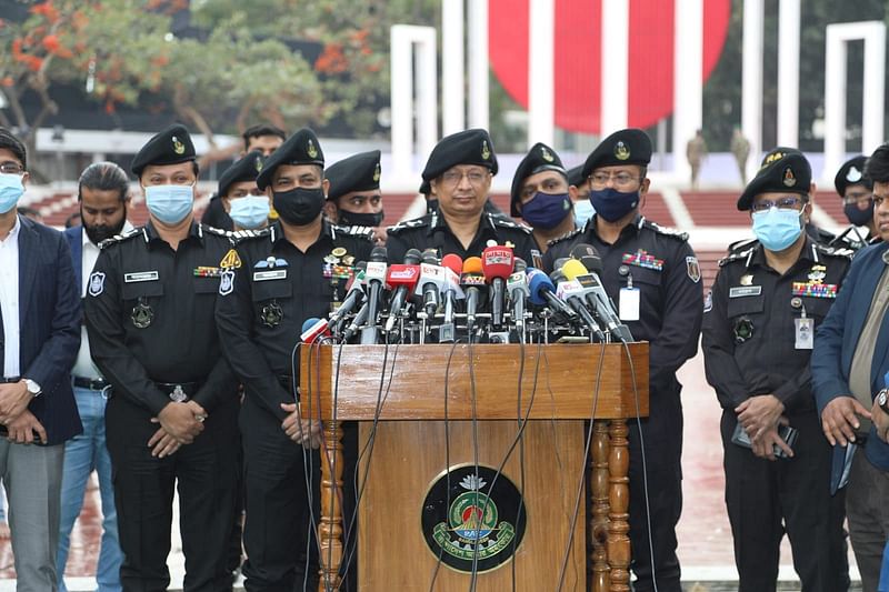 RAB director general Chowdhury Abdullah Al Mamun talks to media on security measures to be taken on 21 February 2022