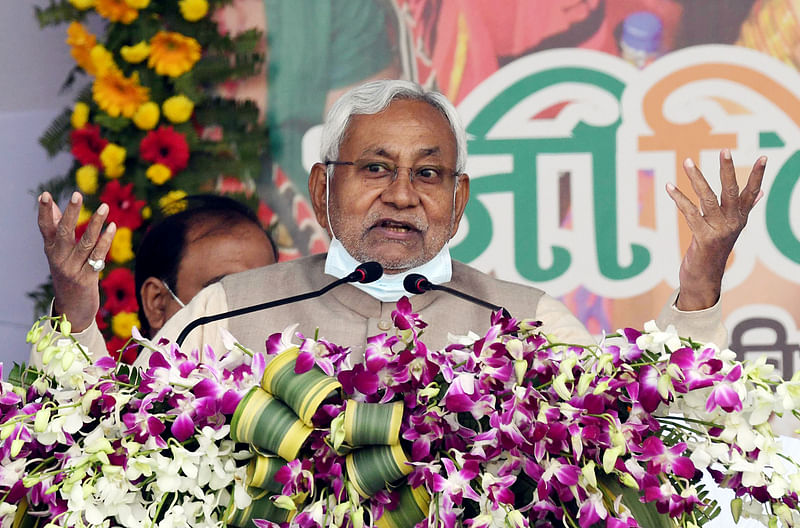 Bihar Chief Minister Nitish Kumar addresses a public rally during state-wide 'Samaj Sudhar Yatra' (social reform tour), in Motihari on 22 December 2021