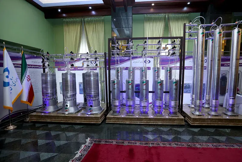 A number of new generation Iranian centrifuges are seen on display during Iran's National Nuclear Energy Day in Tehran, Iran 10 April 2021.