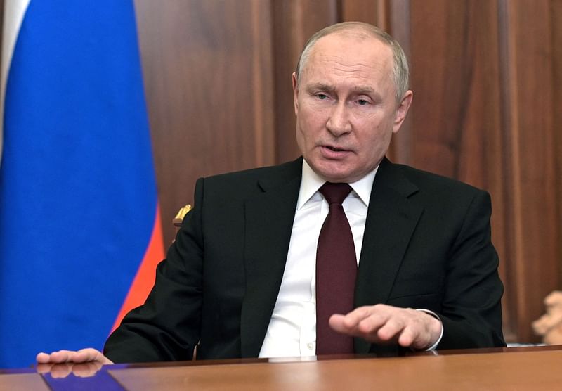 Russian President Vladimir Putin speaks during his address to the nation at the Kremlin in  Moscow on 21 February