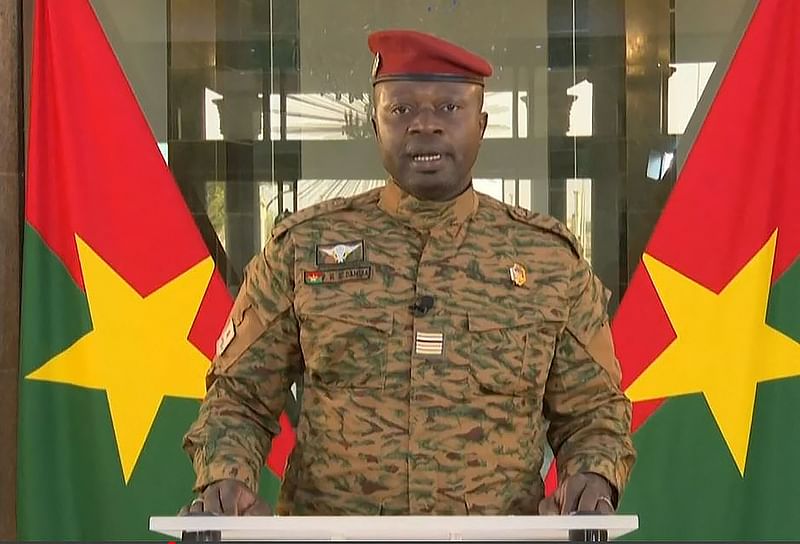 In this file grab of a handout video released by Radiodiffusion Télévision du Burkina" on 27 January 2022 the leader of Burkina Faso's new military junta Paul-Henri Sandaogo Damiba speaks during a televised address, three days after the overthrow of Burkina Faso's president.